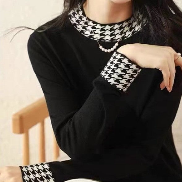 Women's Fashion Houndstooth Stitching Long-Sleeve Sweater