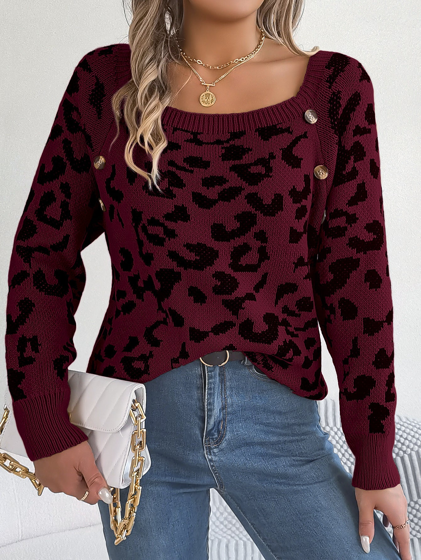 Casual Square Collar Button Contrast Color Leopard Print Long Sleeve Sweater