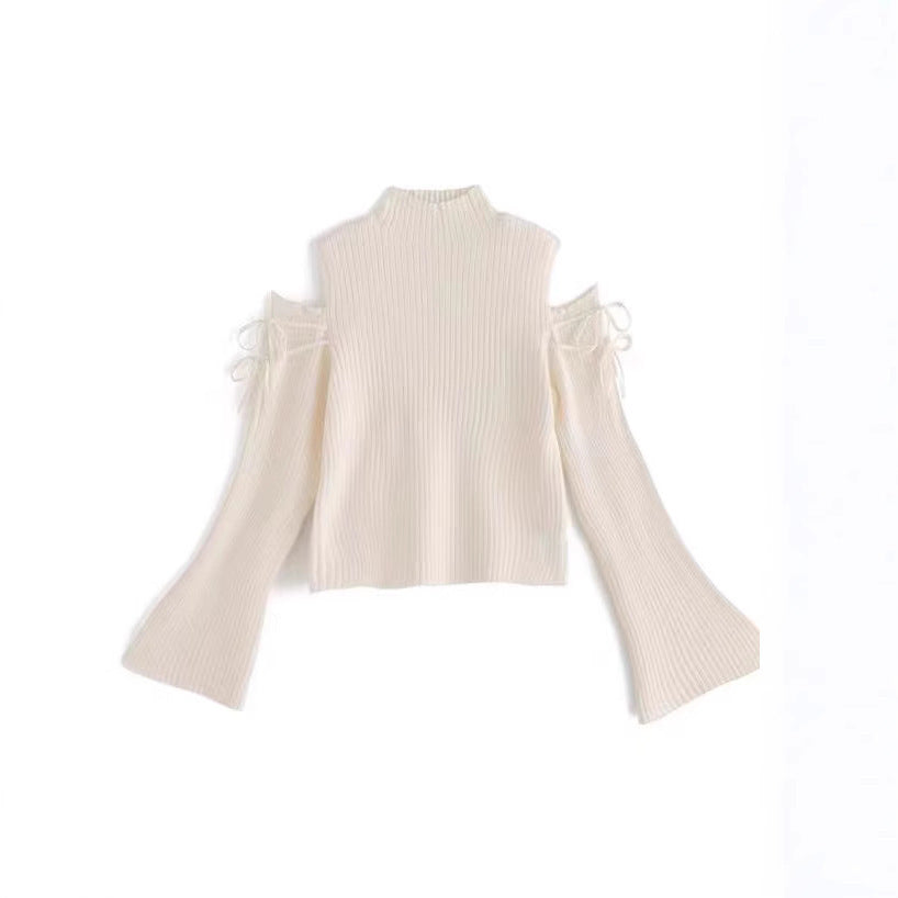 Lace-Up Turtleneck Off-the-Shoulder Sweater with Tie-Neck and Flared Sleeves