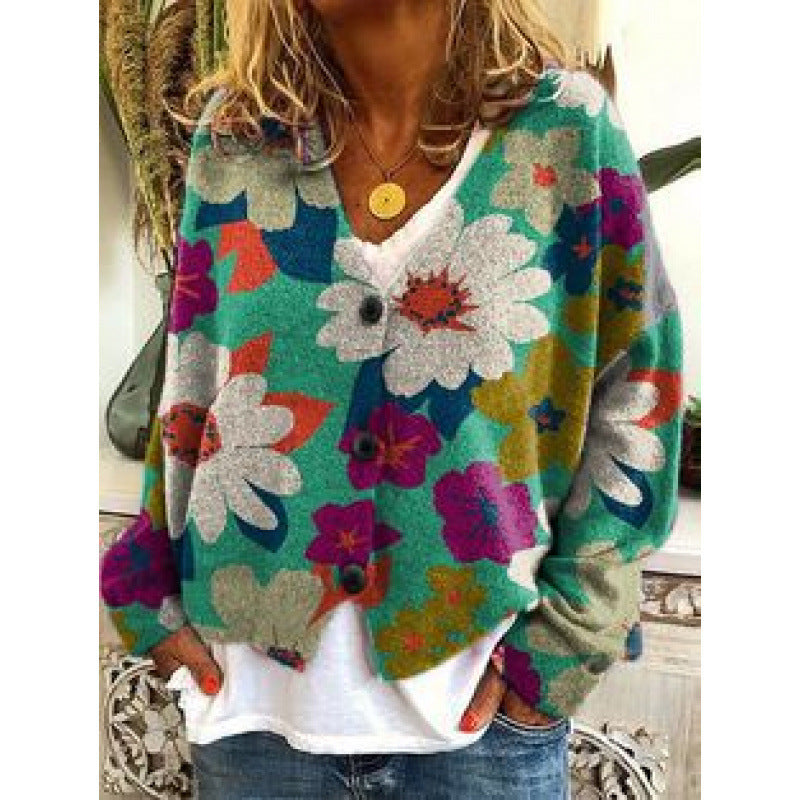 Women's Retro Floral Print Cardigan Sweater - Artistic and Colorful Design