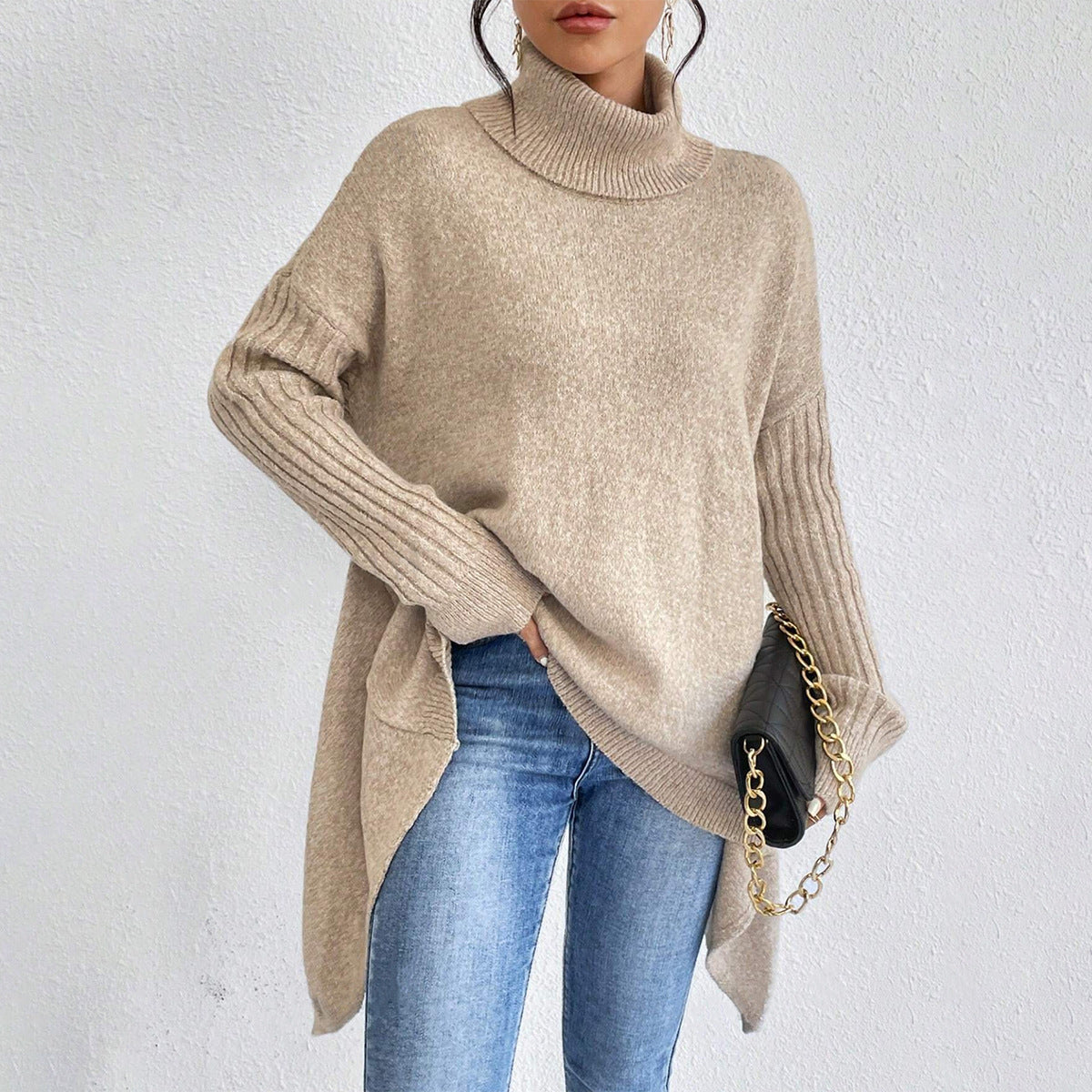 Irregular Hem Turtleneck Knitted Sweater with Loose Shoulders and Vertical Pattern, Long Sleeve