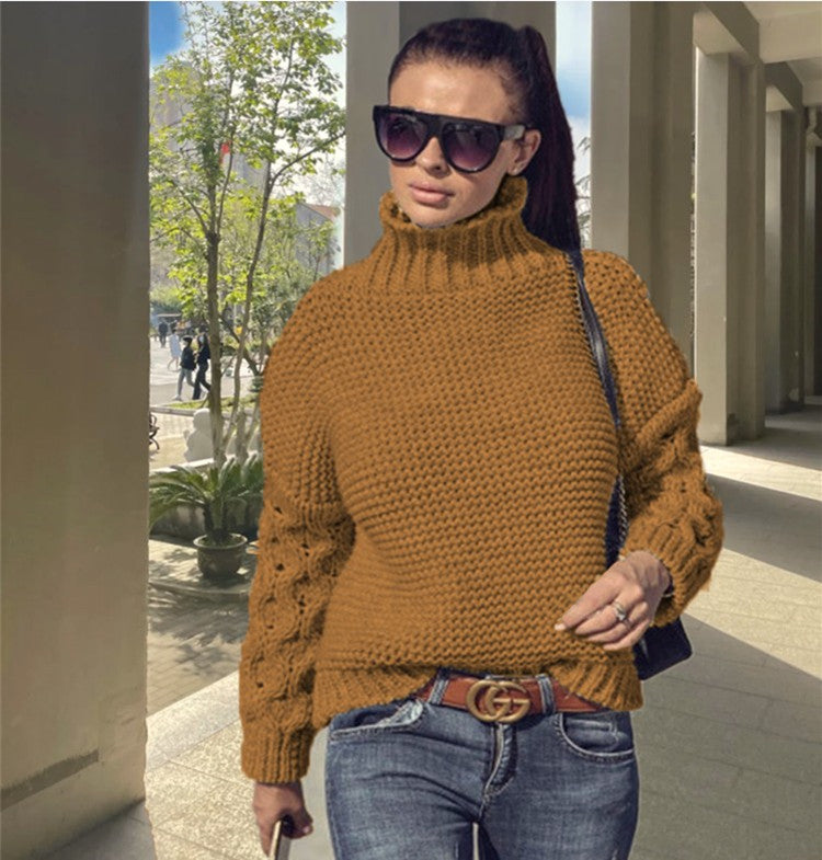 Women's Loose Cable-Knit Turtleneck Sweater – Solid Color Design