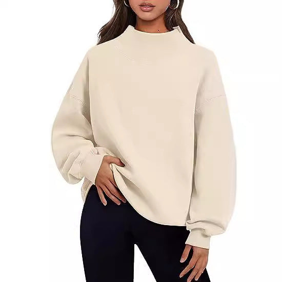 Casual Fleece Shirt with Thick Half Turtleneck, Loose Women's Sweater