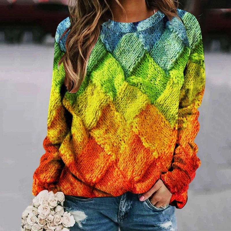 Creative Sweater with Printed Patchwork, Round Neck, and Raglan Long Sleeves