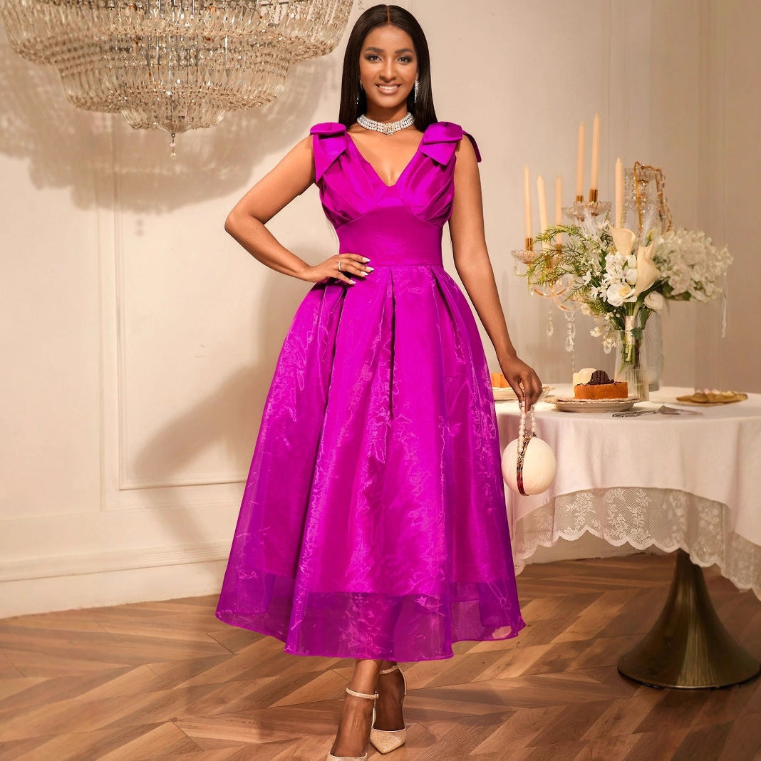 European And American V-neck Bow Sleeveless Dress