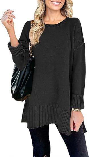 Women's Round Neck Sweater with Side Slits – Pullover Style