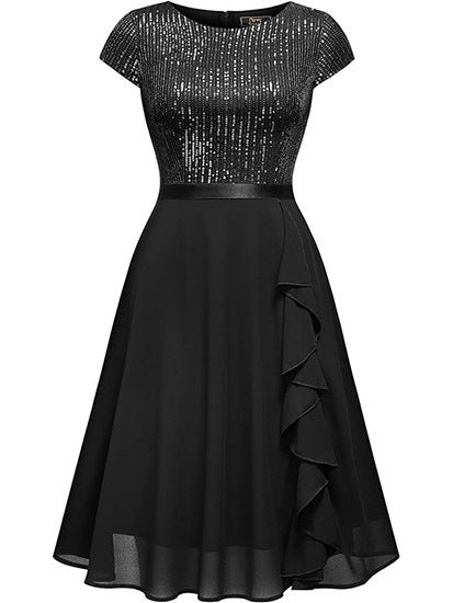 Women's Round Neck Sequin and Chiffon Stitching Evening Dress