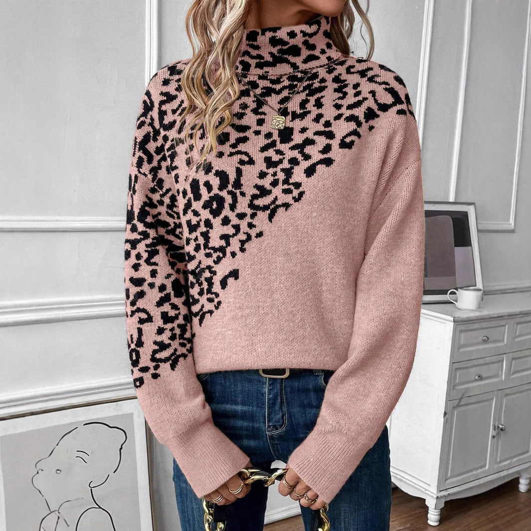 Turtleneck Leopard Print Sweater – Long Sleeve Loose Fashion Casual Style