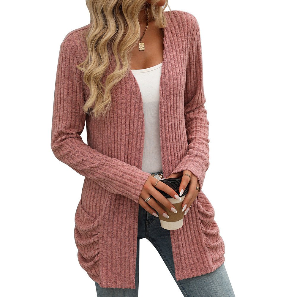 Solid Color Ribbed Brushed Pocket Cardigan – Long Sleeve Coat for Women