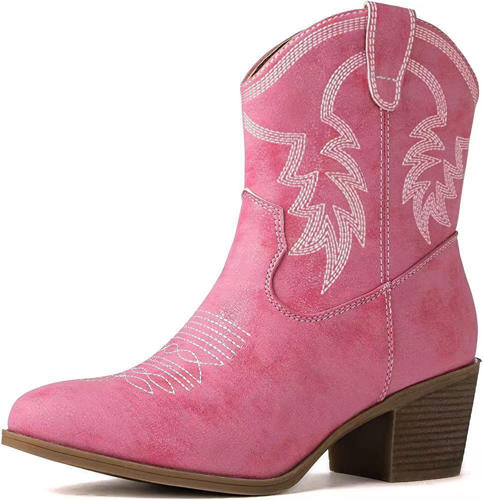 European and American Retro Chunky Heel Side Zip Western Denim Boots