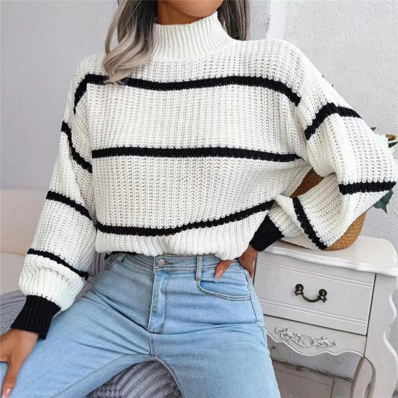 New Contrast Color Striped Half Turtleneck Pullover Sweater