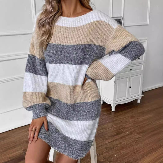 Women's Versatile Contrast Color Striped Sweater Dress