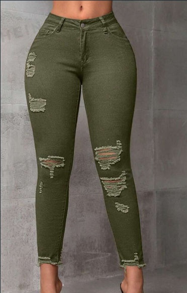 Women's Slim Fit Ripped Nine-Point Denim Jeans