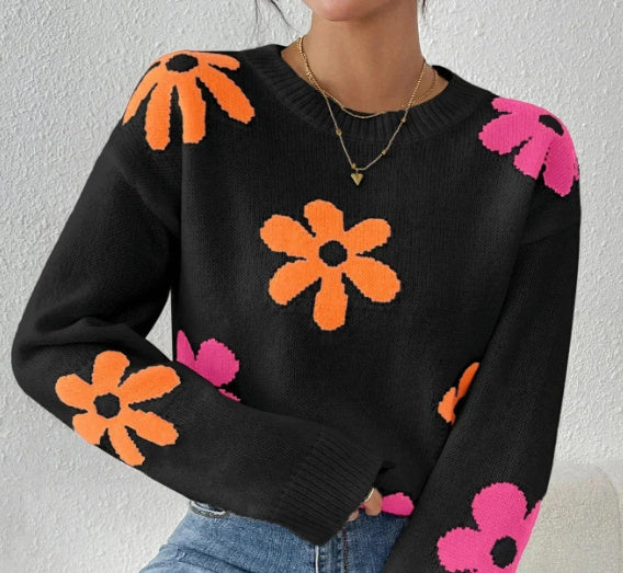 Women's Crew Neck Sweater - Floral Color-Block Design