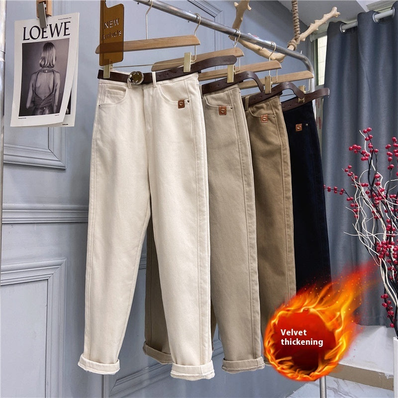 Plus Size Women's High-Waist Thick Denim Trousers