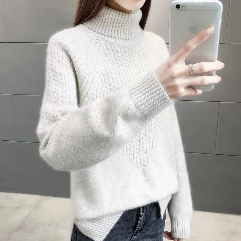 Women's Loose Fit Solid Color Twist Knit High Collar Sweater