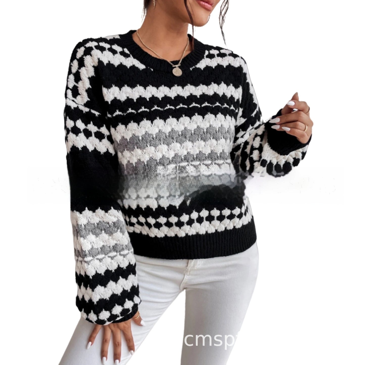 Black and White Striped Loose-Fit Mid-Length Knit Sweater