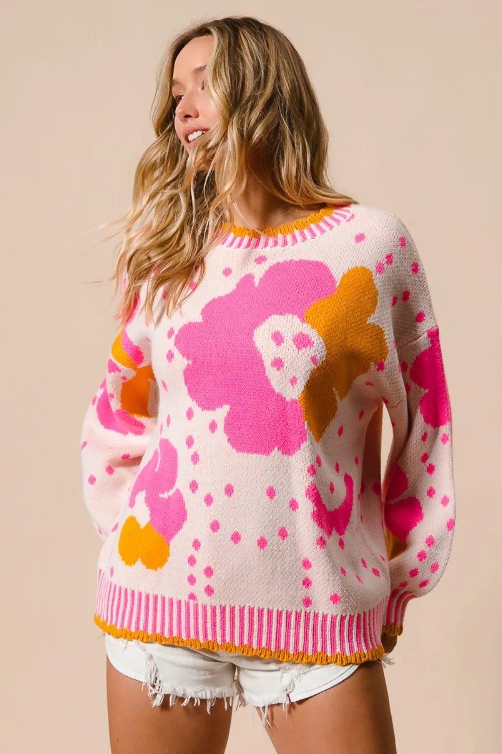 BiBi Flower Pattern Contrast Knit Sweater