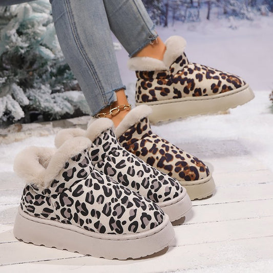 Thickened Fleece-Lined Leopard Print Slip-On Cotton Boots