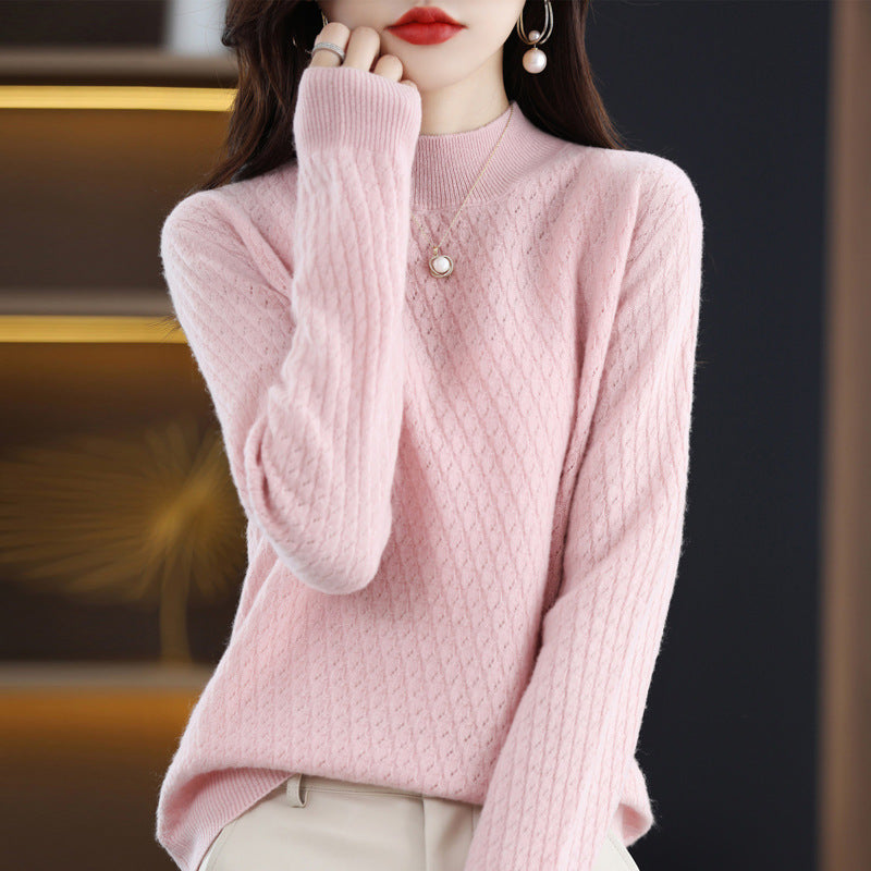 Pure Wool Women's Half-Turtleneck Knitted Sweater - Bottoming Shirt Style