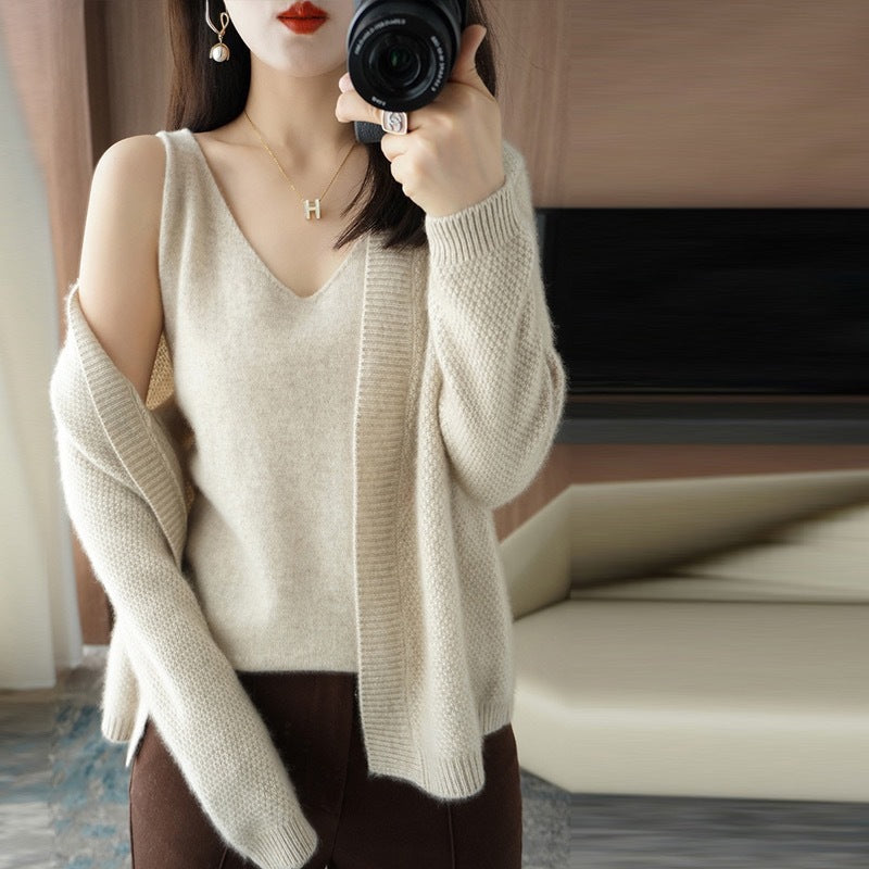 Knitted Cardigan with Two-Piece Sling and V-Neck Sweater – Elegant Temperament Design