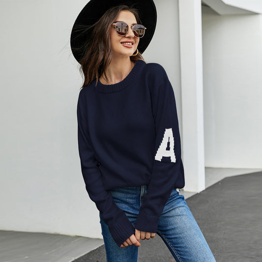 European and American Letter Jacquard Casual Sweater – Loose Fit Idle Style Pullover