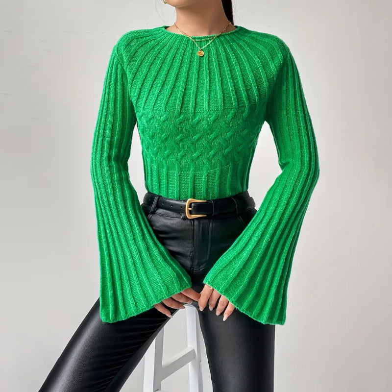 Women's Fashion Pullover Sweater with Round Neck and Flared Sleeves