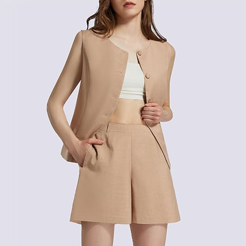 2-Piece Business Work Suit – Sleeveless Round Neck Top with Buttoned High-Waisted Trousers