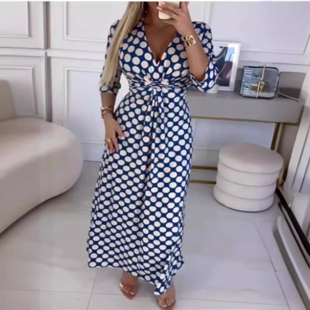 V-neck Casual Long Sleeve Dotted Prints Dress