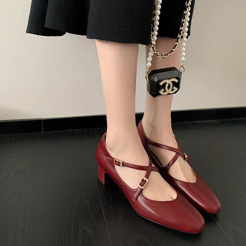 Soft Bottom Mid-Heel Chunky High Heels, Low-Cut Dress Shoes