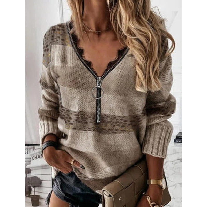 Autumn and Winter Striped Stitching Sweater Top for Women