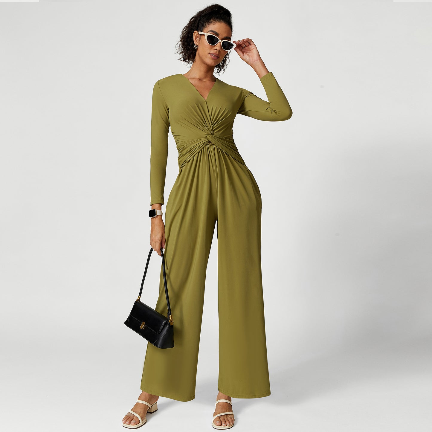 Women's V-Neck Pleated High-Slit Yoga Dress