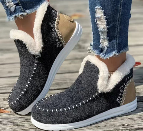 Fleece-Lined Thick Plush Winter Ankle Boots with Warm Sewing and Flat Cotton Sole