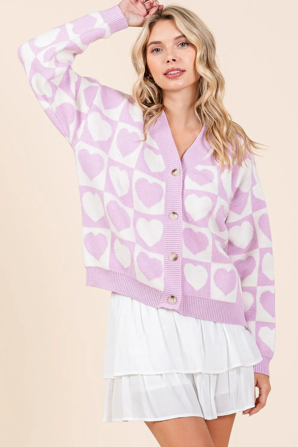 Mittoshop Checkered Heart Button-Down Cardigan for Women