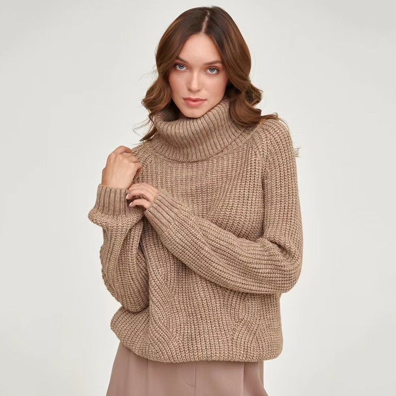 High Neck Thickened Turtleneck Sweater - Solid Color Casual Mid-Length for Autumn & Winter