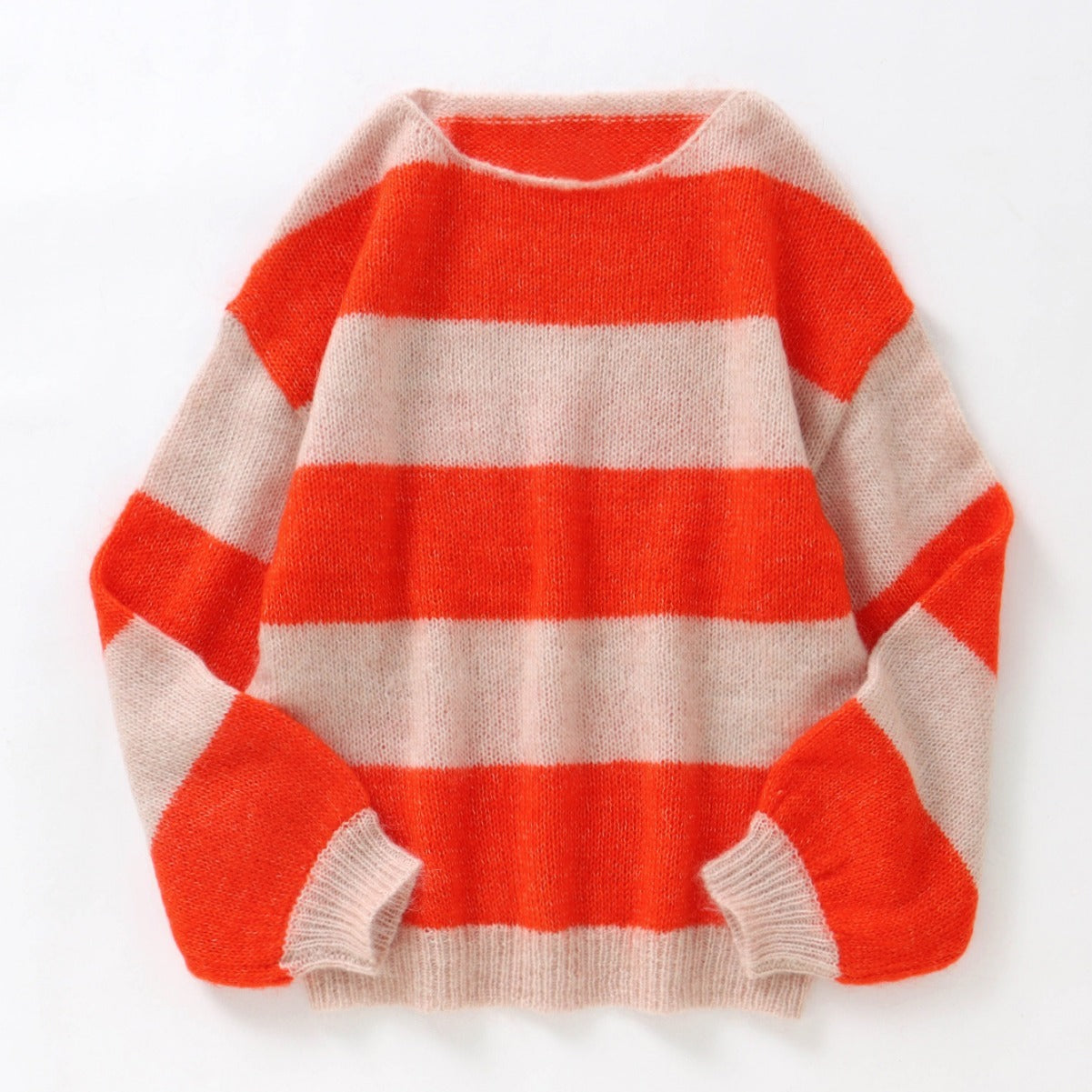 Autumn Mohair Round Neck Striped Sweater – Loose-Fit & Slimming