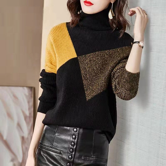 Women's Loose-Fit High Collar Color-Blocked Sweater