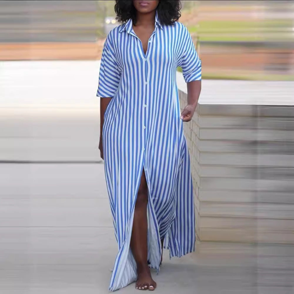 Women's Loose V-Neck Long Striped Shirt Dress