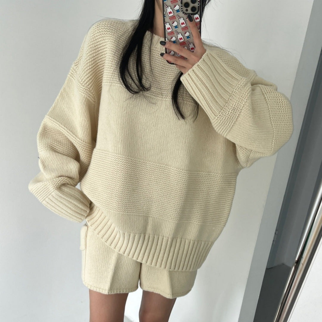 Fitted Long Sleeve Sweater with High-Waist Wide-Leg Shorts