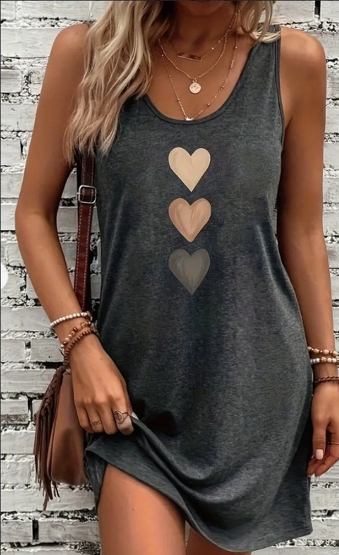 Vibrant Heart Print Crew Neck Tank Dress – Soft, Breathable, Sleeveless Spring & Summer Style for Women