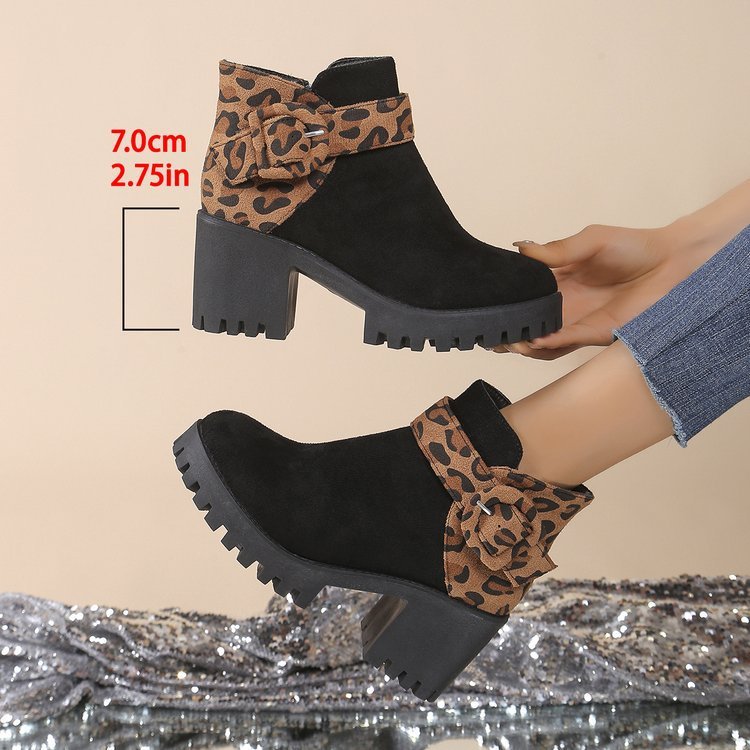 Women's Plus Size Leopard Print Flannel Booties – Thick Heels with Side Zipper and Fashionable Design