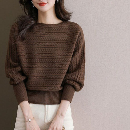 Autumn and Winter Boat Neck Loose-Fitting Batwing Sleeve Knitted Top