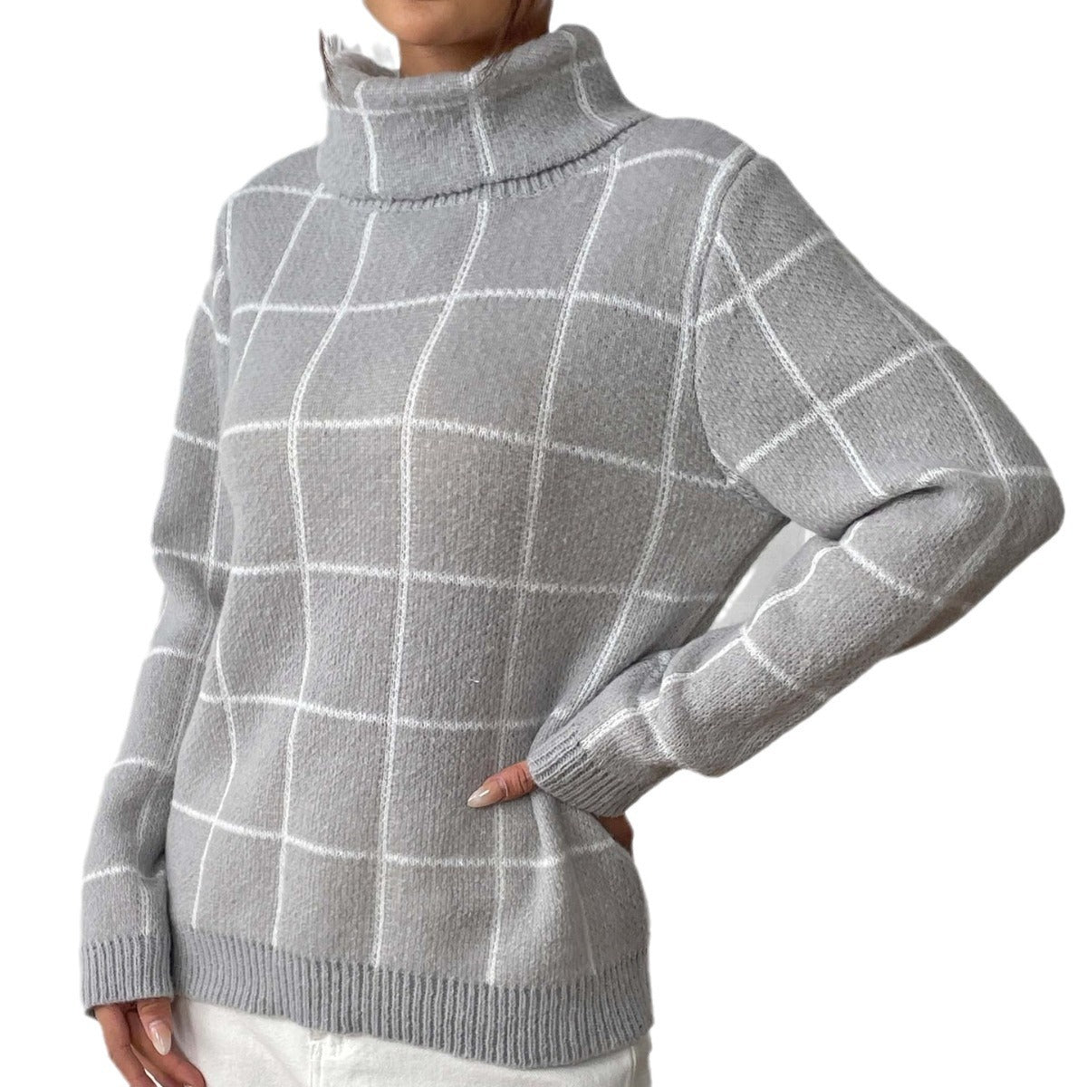 Women's Color-Contrast Checkered Turtleneck Pullover Sweater