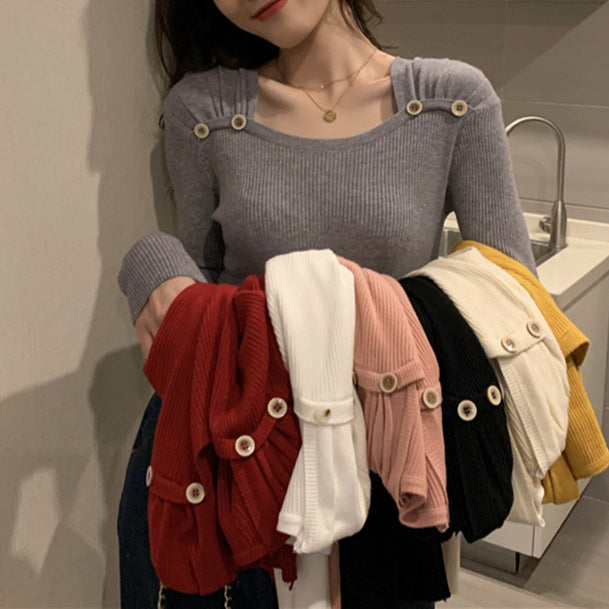 Women's Square Collar Long Sleeve Knitted Top