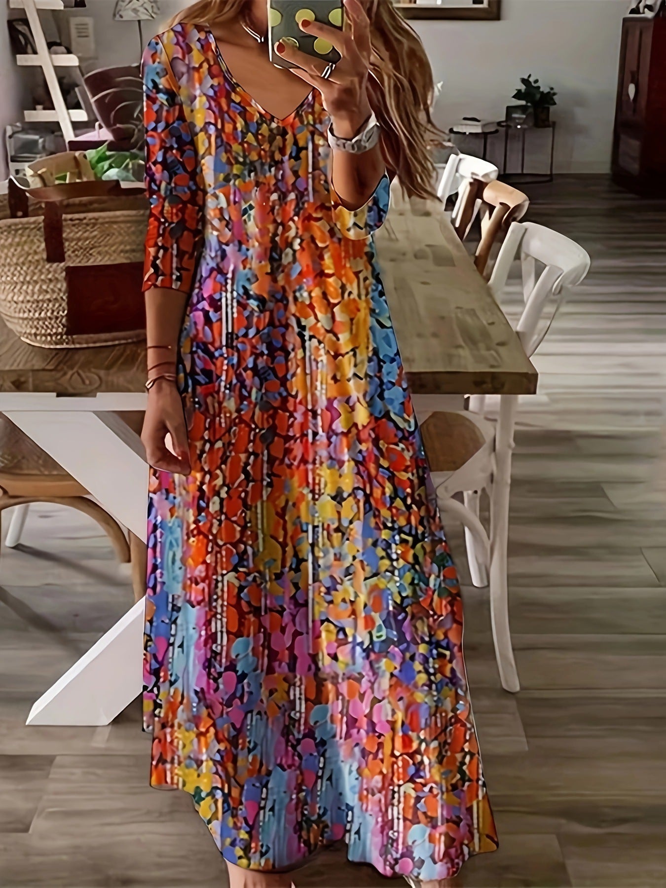 Women's Long-Sleeve Printed Dress with a Flowy Big Hem Design