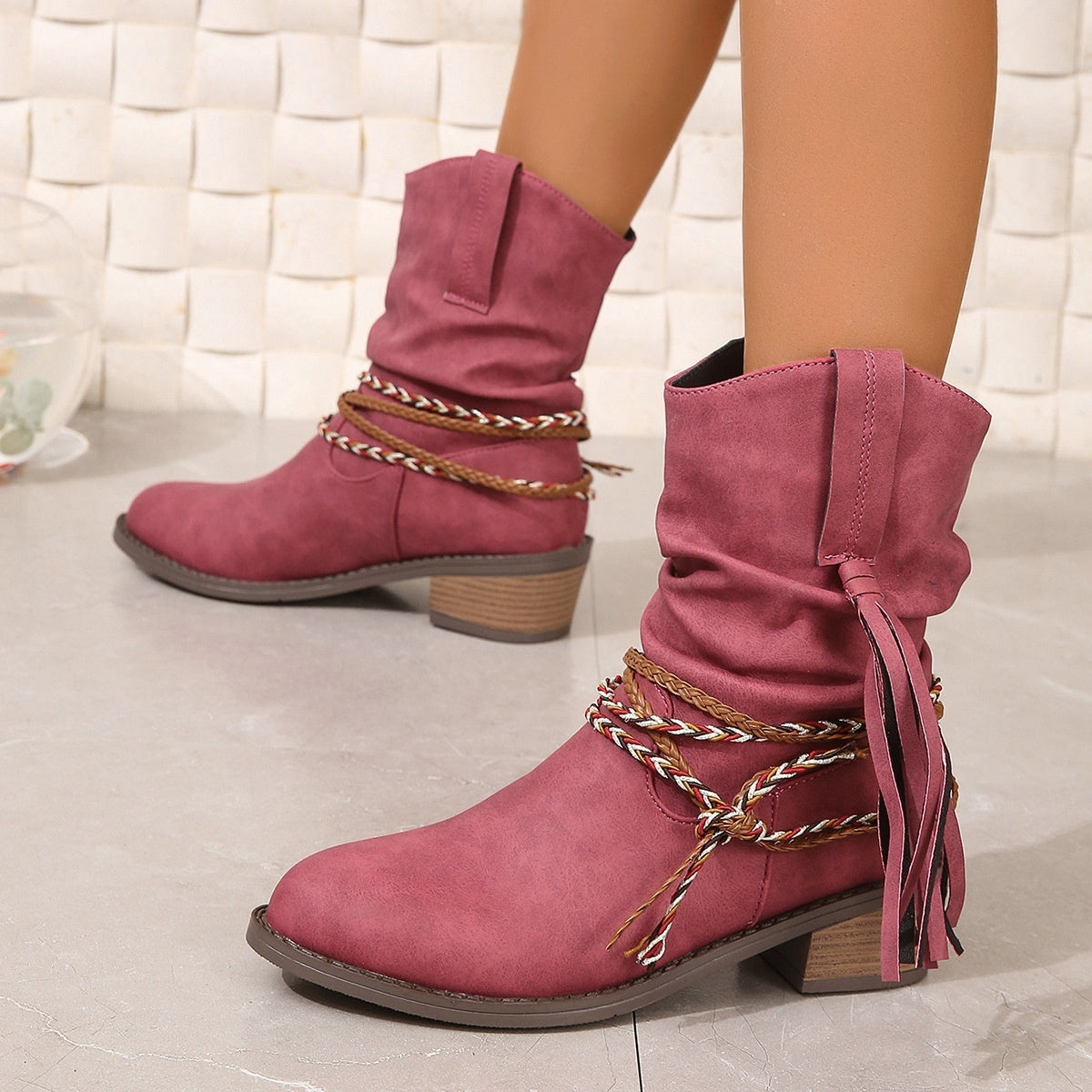 Women's Short Pleated Tassel Boots with High Heel and Mid-Calf Length for Autumn and Winter