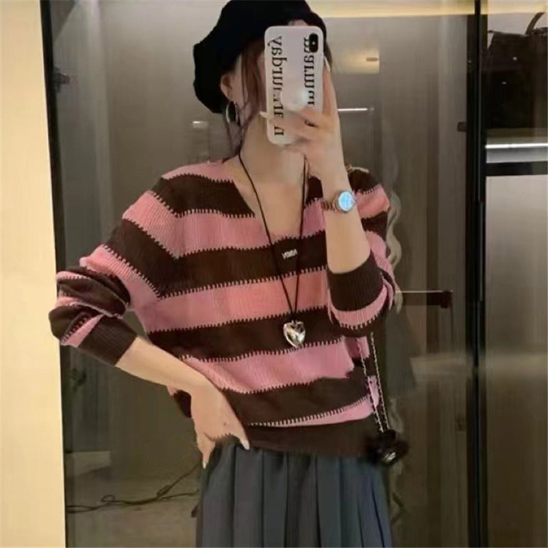 Women's V-Neck Striped Color-Block Long Sleeve Sweater – Autumn Inner Bottoming Shirt