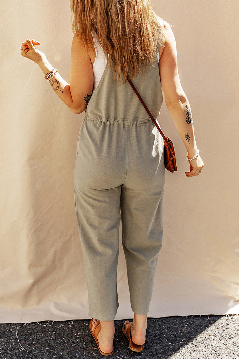 Solid Color Sleeveless Camisole Jumpsuit, Loose Fit