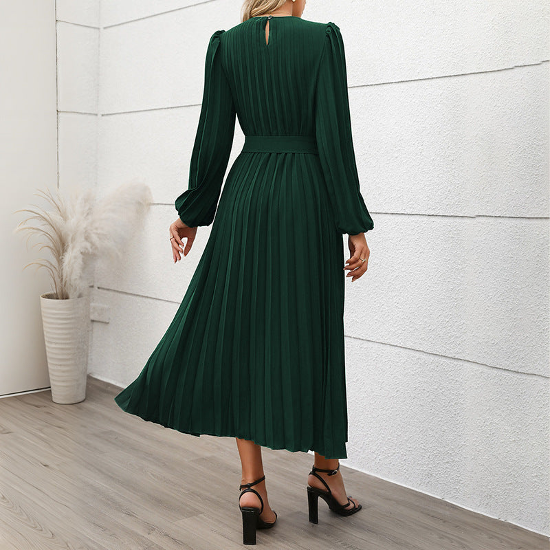 Women's Long-Sleeve Pleated Dress with Round Neck Design