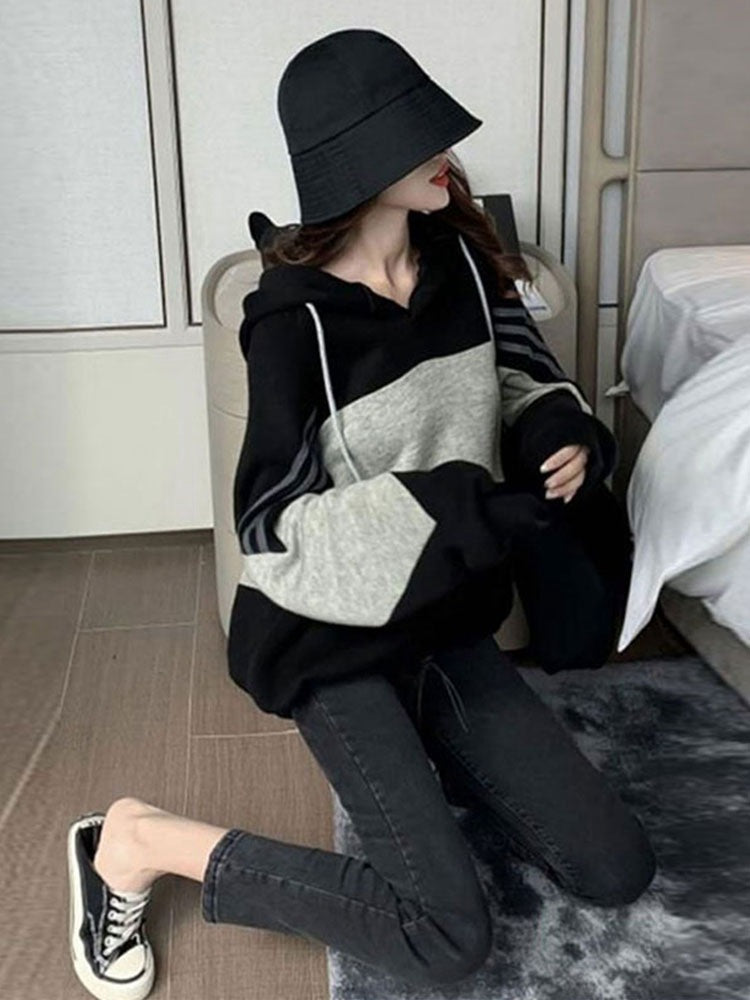 Korean Style Stitching Hooded Loose Pullover Top – Casual and Trendy